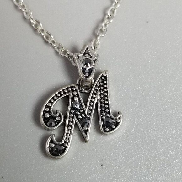 Vintage M Monogram Initial Letter Pendant Necklace, Silver Tone, Estate - Picture 2 of 10